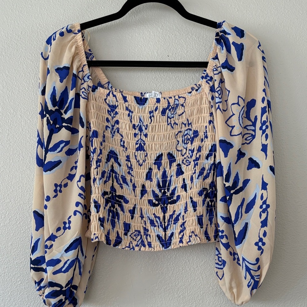 Floral Print Smocked Top - Blue and Cream
